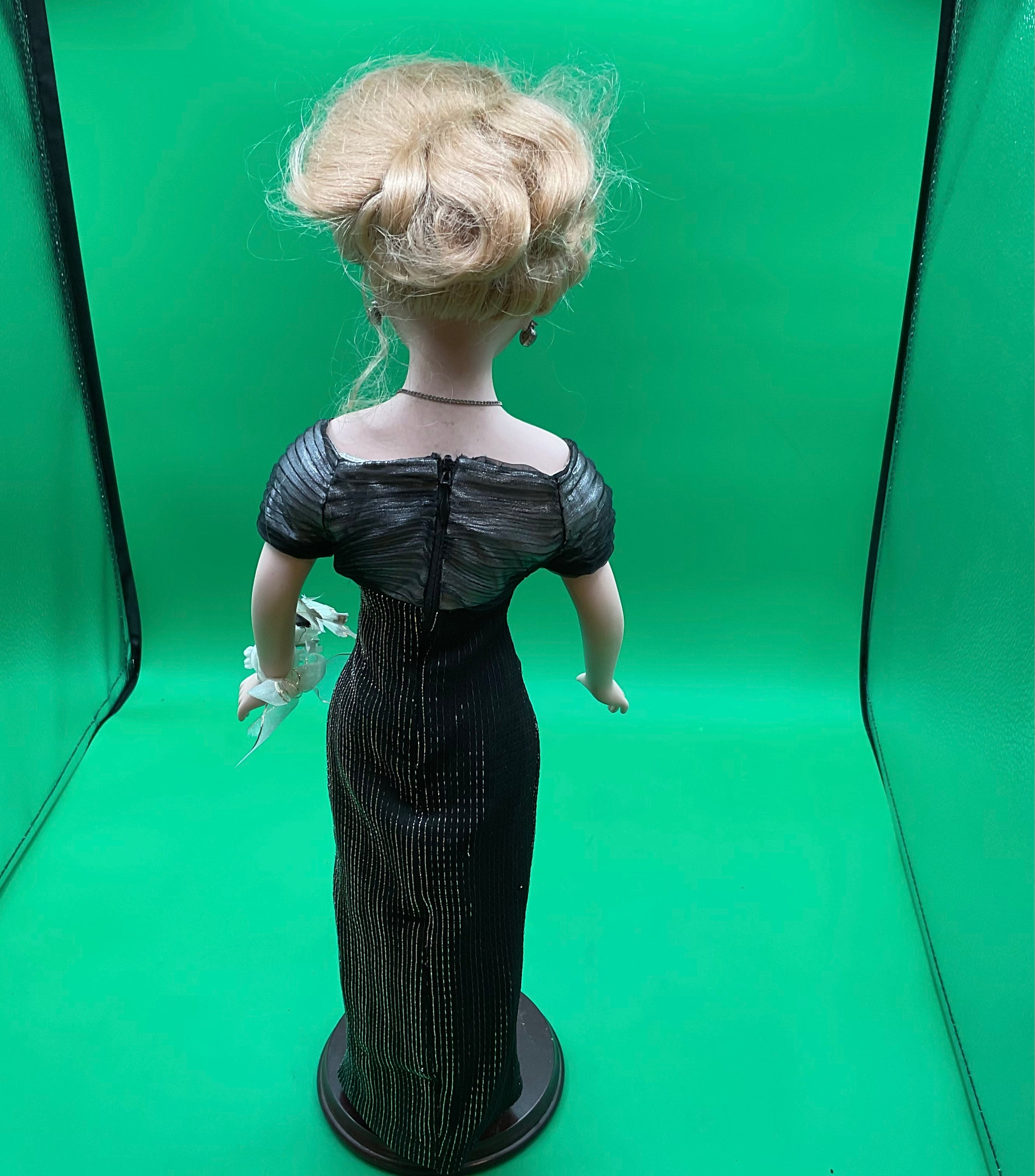 Porcelain Doll Butterfly Kisses Precious Collectible in Black Evening Gown